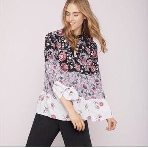 Loft Romantic Boho Small Dahlia Garden Tiered Long Sleeve Flowy Blouse purple